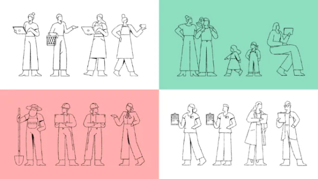 Line art of people in various poses and outfits by Joseph Carrington