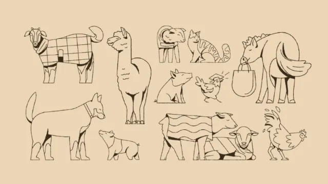 Line art of various farm animals by Joseph Carrington