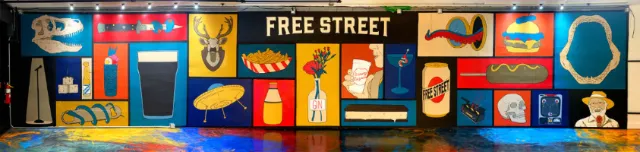 Free Street Pub's mural is themed around food and drink