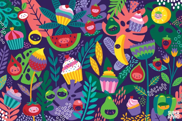 Colorful cupcakes, fruits, and leaves pattern by Superama