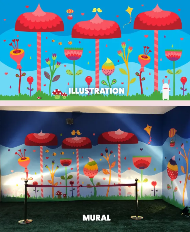 Colorful mural with red umbrellas and flowers by Superama