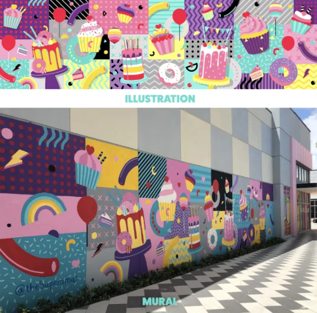 Colorful mural with cupcakes, rainbows, and balloons by Superama on building wall