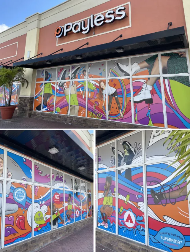 Colorful Payless storefront murals by Superama with whimsical abstract designs