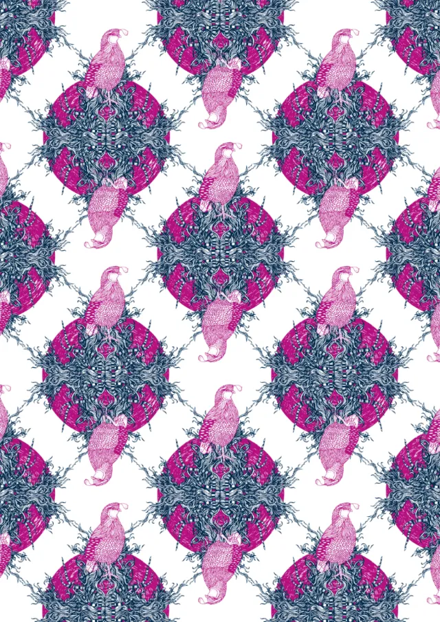 Decorative pattern with pink parrots and blue floral mandalas by Tobias Göbel