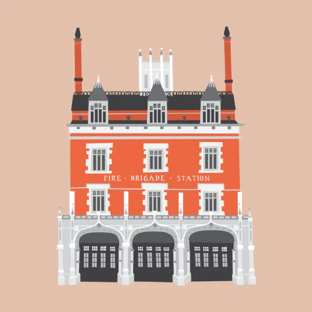 Illustration of a fire brigade station building with three garages by Kate Snell