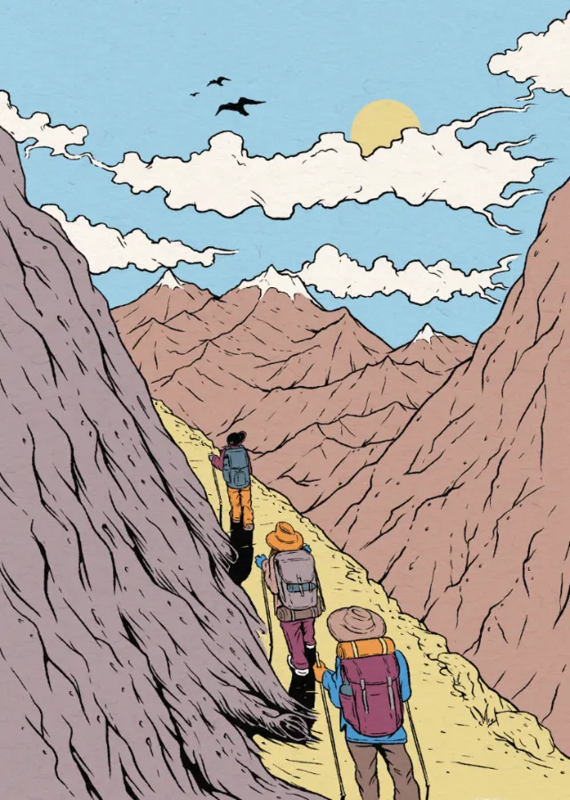 Cat Sims illustration of two backpackers hiking between rugged mountain peaks