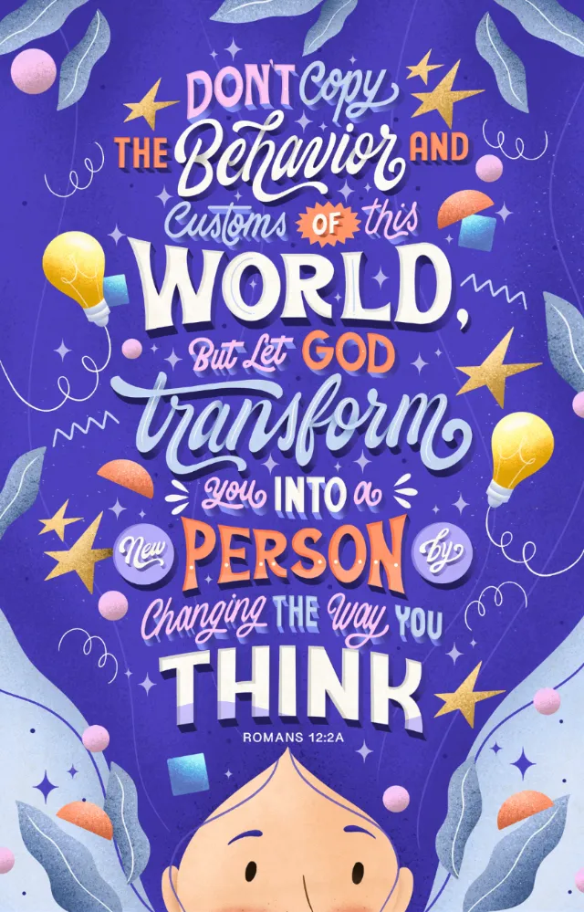Typography art of Romans 12:2 Bible verse by Saskia Bueno