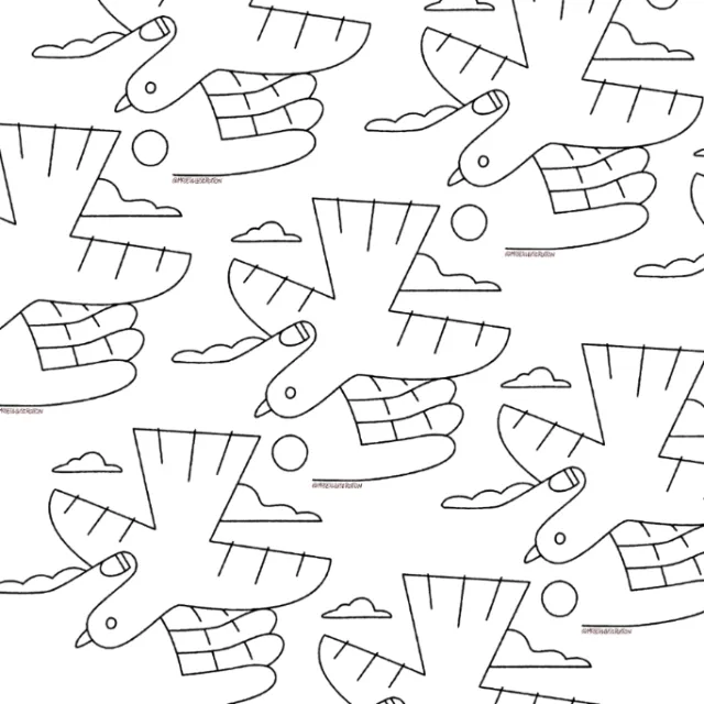 Black and white stylized bird pattern with clouds and suns by Joseph Carrington