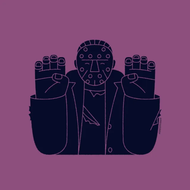 Minimalist masked figure in torn jacket with raised hands by Joseph Carrington