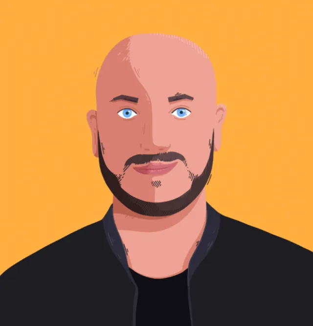 Digital portrait of a bald man with blue eyes and beard by Samy Löwe