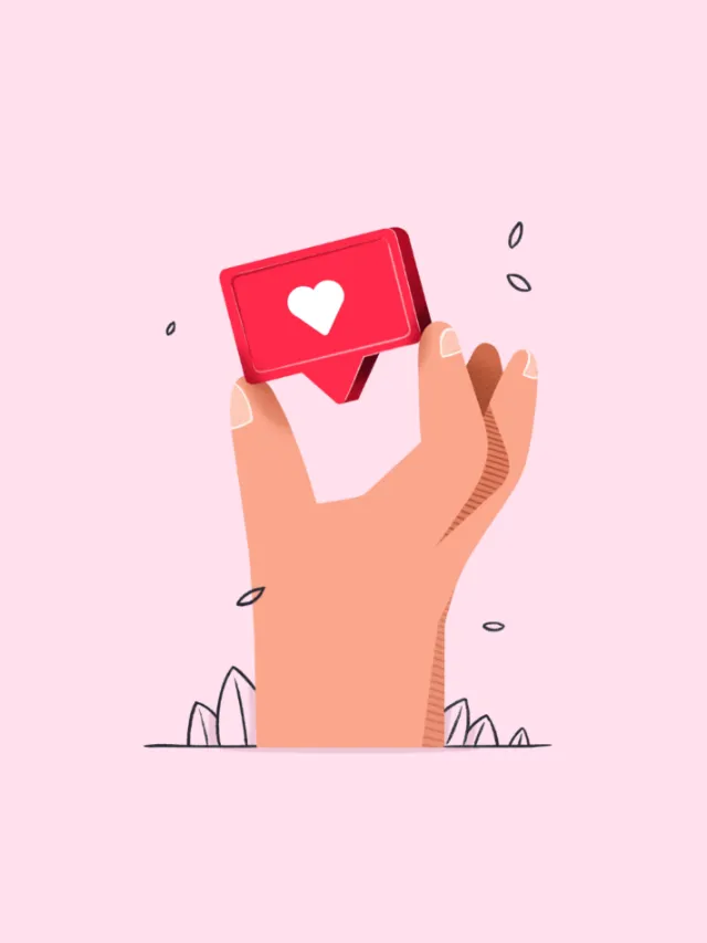 Hand holding red like notification icon with heart symbol, artwork by Samy Löwe