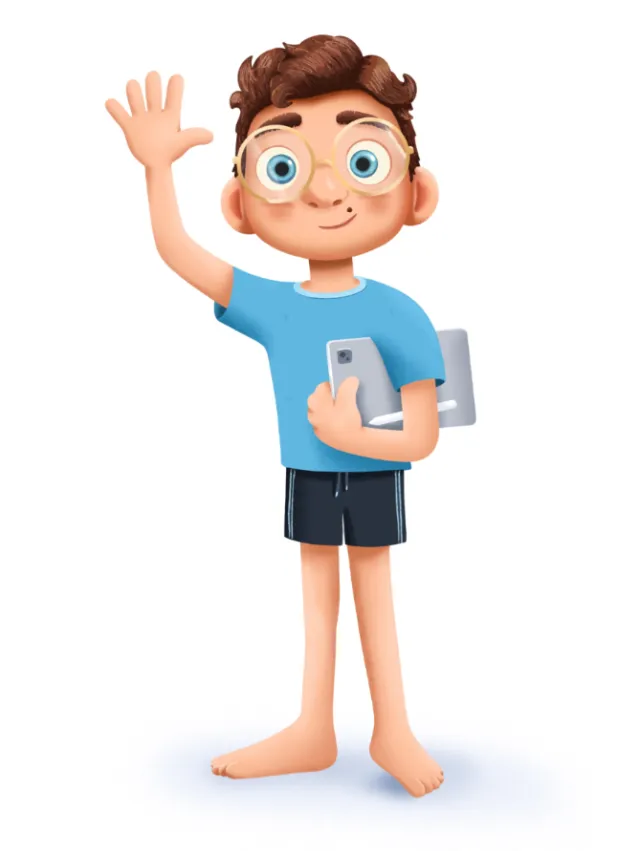 Cartoon boy waving holding phone and tablet by Samy Löwe