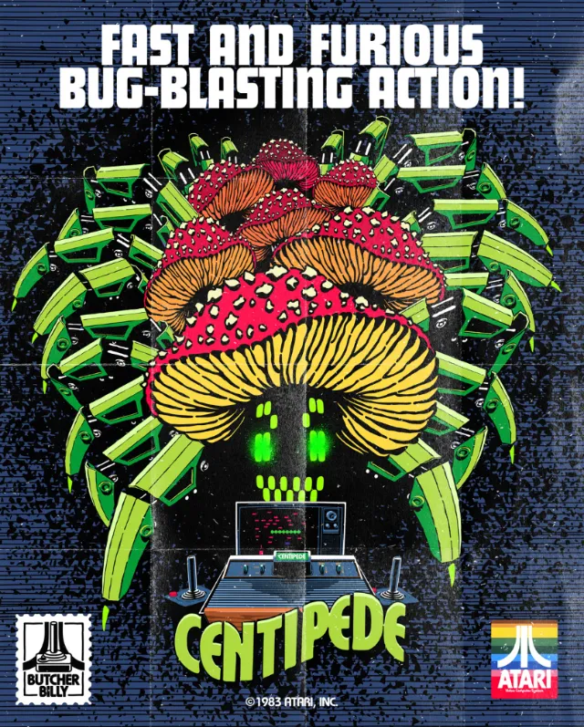 Centipede arcade game art with pixel mushroom and green bug segments by Butcher Billy