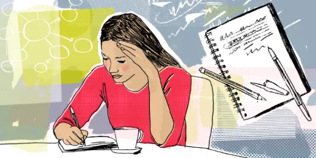 Woman writing notes at table with coffee cup and notebook by Kavel Rafferty