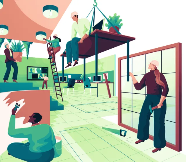 Indoor gardening and workspace activities by people in modern office by Jacob Stead