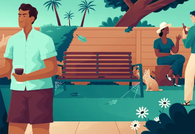 People relaxing with a cat in sunny backyard illustration by Jacob Stead
