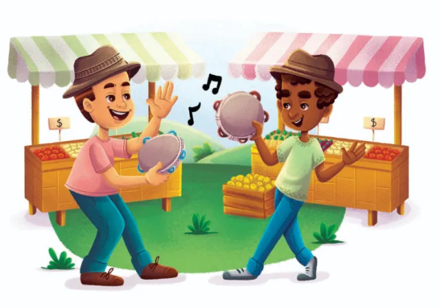 Two people playing tambourines outdoors by market stalls, illustration by Lhaiza Morena