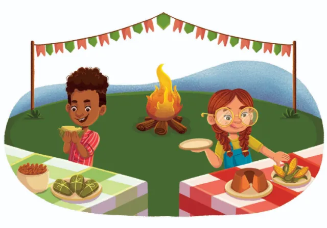 Two children having a picnic with food and a campfire on grass by Lhaiza Morena