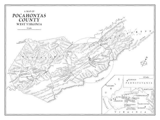 A map illustration of Pocahontas County, West Virginia