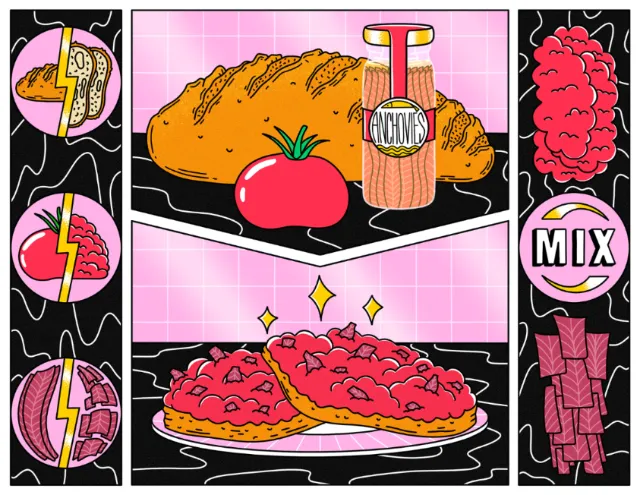 Digital illustration of anchovy-tomato sandwich recipe