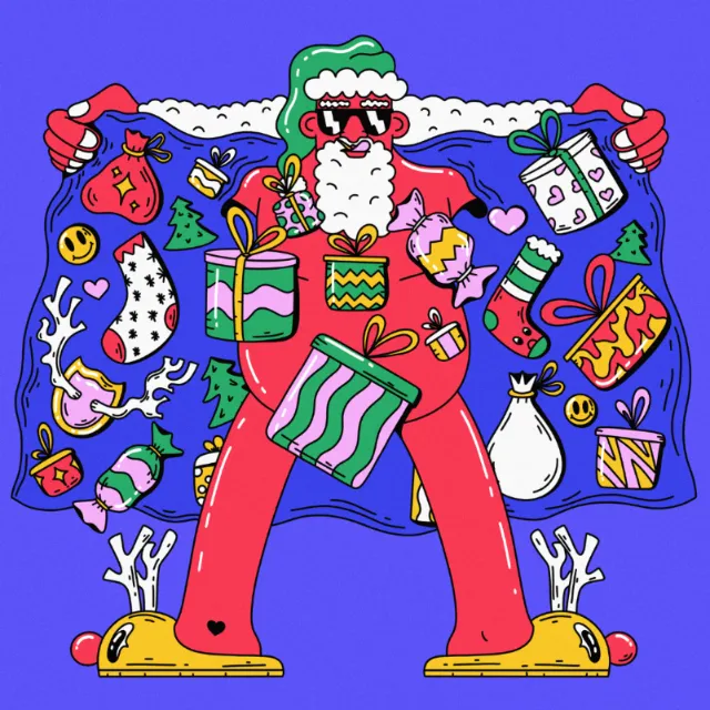 Naked Santa with a reindeer slipper lifts his robe to reveal goodies