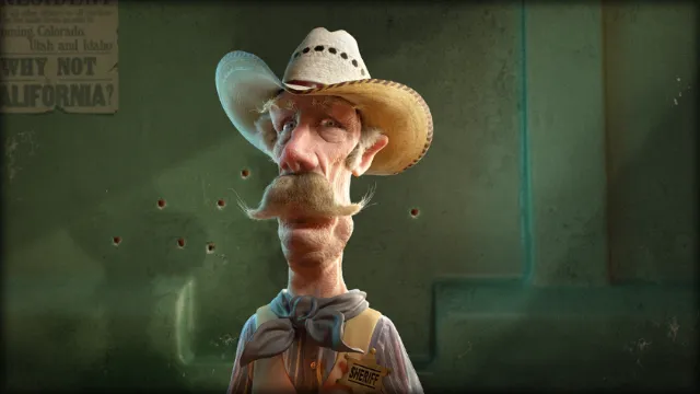 Cartoon cowboy with hat and mustache standing by bullet-holed wall by RIVE GAUCHE