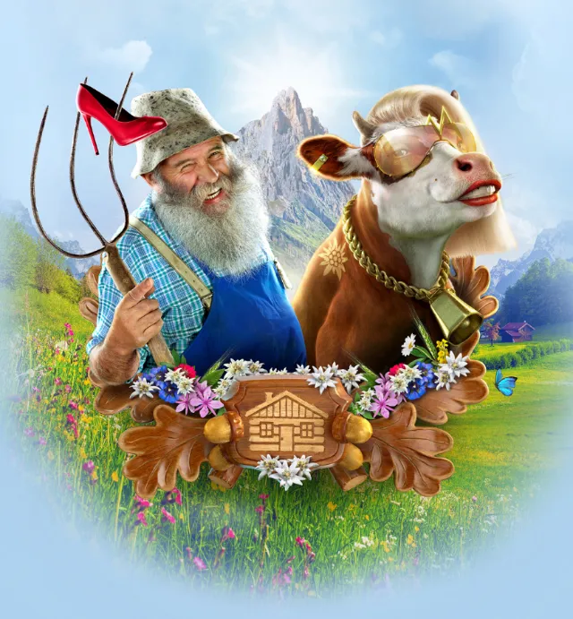 Smiling farmer with pitchfork and cow in alpine meadow by RIVE GAUCHE