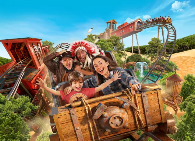 Family riding a wild mine roller coaster with excited expressions by RIVE GAUCHE