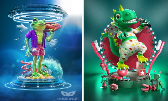 Futuristic colorful cartoon frogs in quirky outfits by RIVE GAUCHE