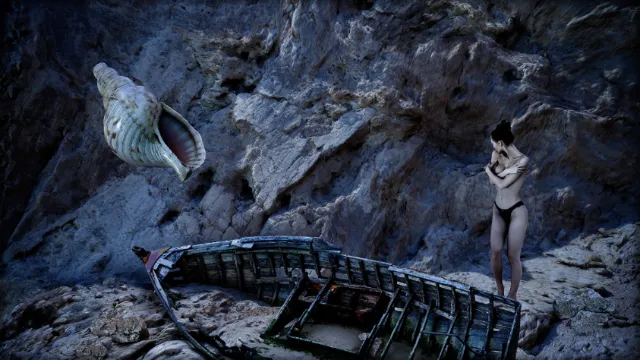 Woman near old boat on rocky shore with giant floating seashell by RIVE GAUCHE