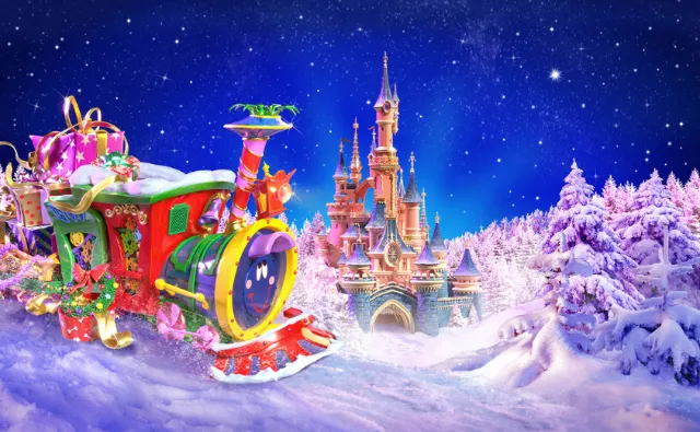 Christmas train with gifts near a snowy castle under starry sky by RIVE GAUCHE