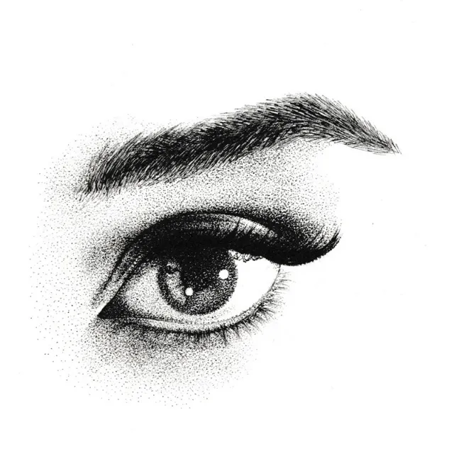 Black and white pointillism drawing of a human eye by Reiko Lauper