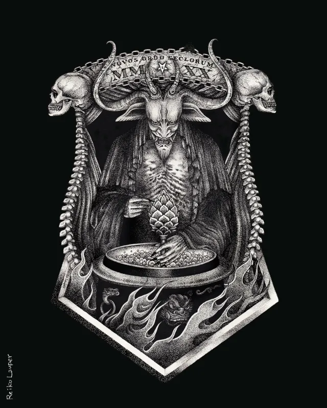 Dark horned figure with skulls and flames by Reiko Lauper