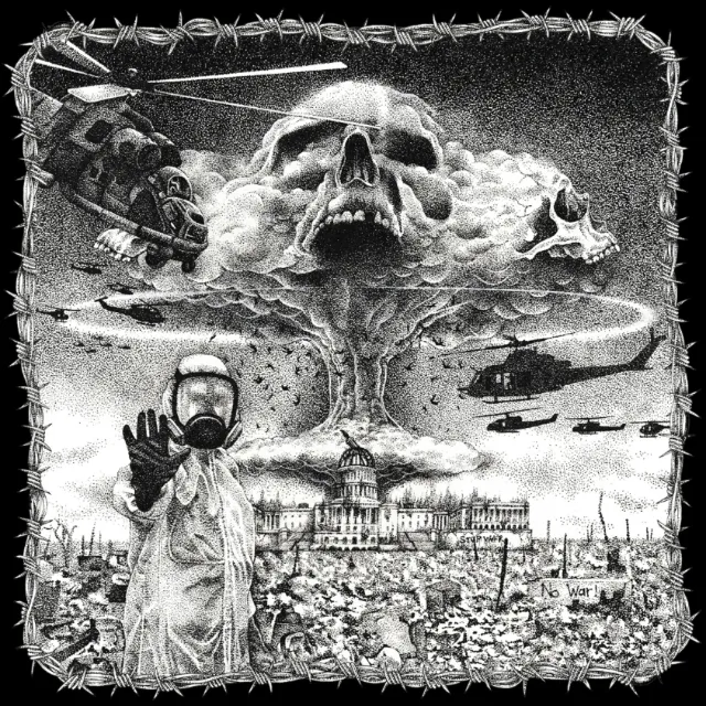 Apocalyptic mushroom cloud skull with helicopters and soldier in protective gear by Reiko Lauper