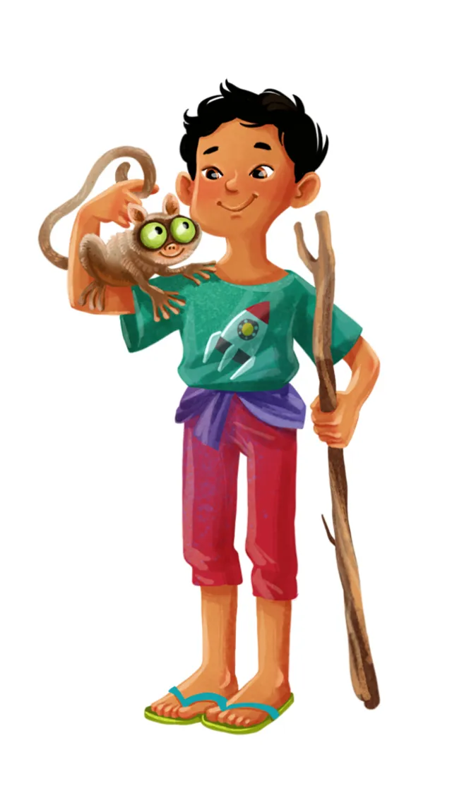 Boy holding small green-eyed animal and staff, artwork by Katharina Madesta