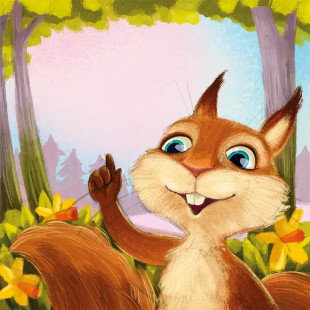 Cheerful squirrel waving in forest clearing by Katharina Madesta