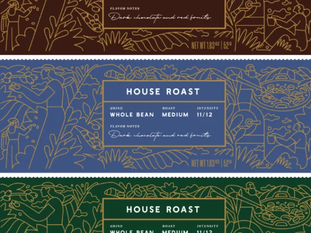 House Roast coffee packages with leaf patterns by Joseph Carrington