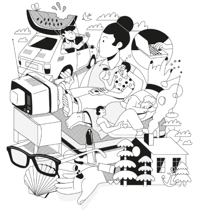 Surreal black and white collage illustration with varied human figures and objects by Tobias Wandres
