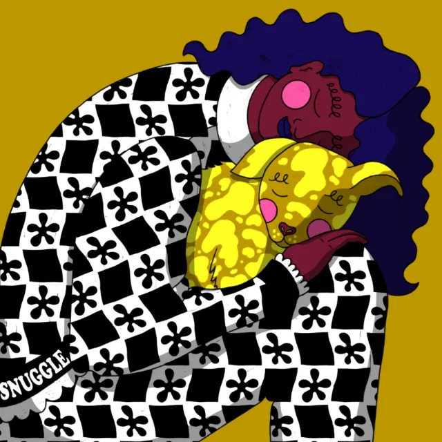 Woman with purple hair cuddling yellow cat wearing checkered outfit by Rachel Winter