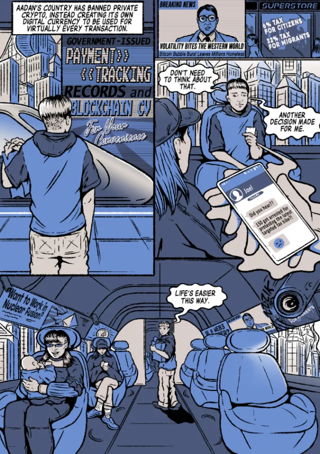 One-page comic on digital currency future 2035