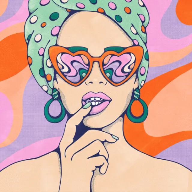 Pop art portrait of woman with heart-shaped sunglasses by Lively Scout