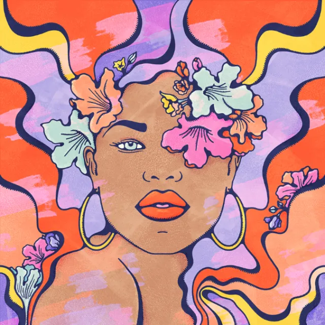 Abstract portrait of a woman with flowers and colorful swirling patterns by Lively Scout