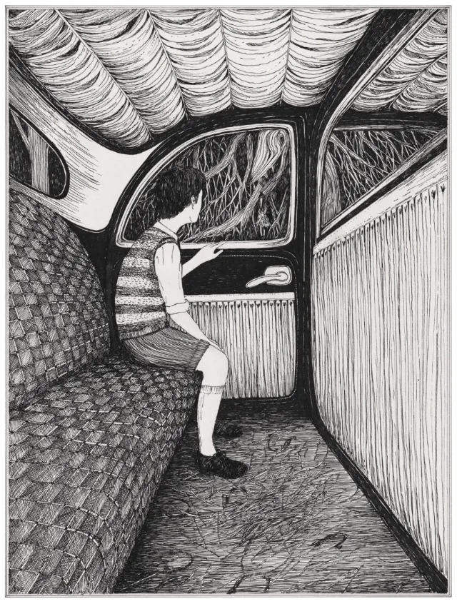 Black and white illustration of a child sitting inside a taxi cabin by Rohan Eason