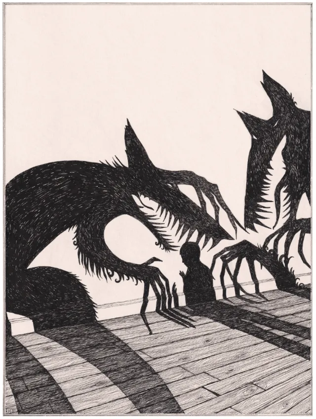 Silhouettes of shadowy creatures and a child with shadows by Rohan Eason