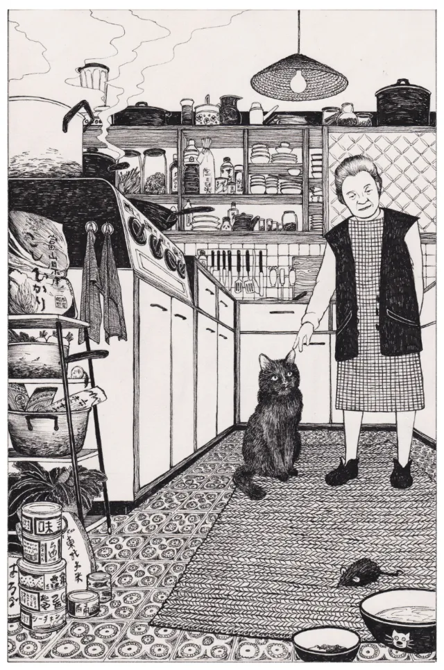 Illustration of a woman standing with a black cat in the kitchen by Rohan Eason