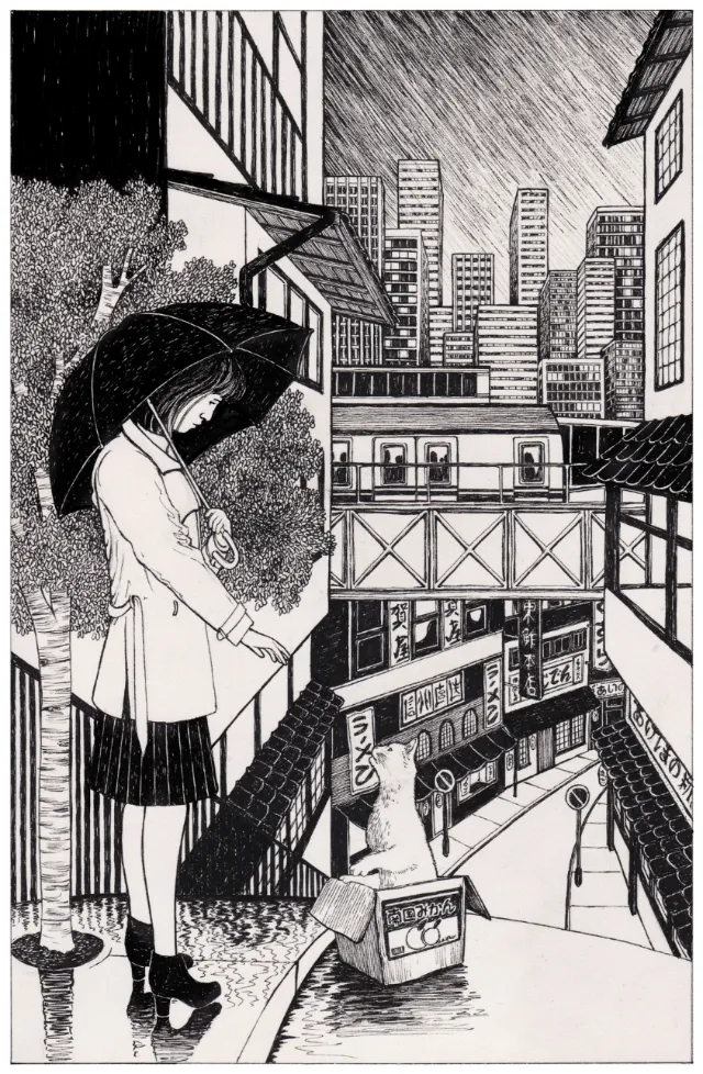 Girl holding umbrella standing near cat in urban street scene by Rohan Eason