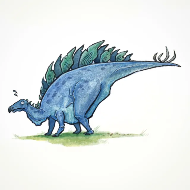 Blue stegosaurus dinosaur with green plates illustration by Rino Pelli
