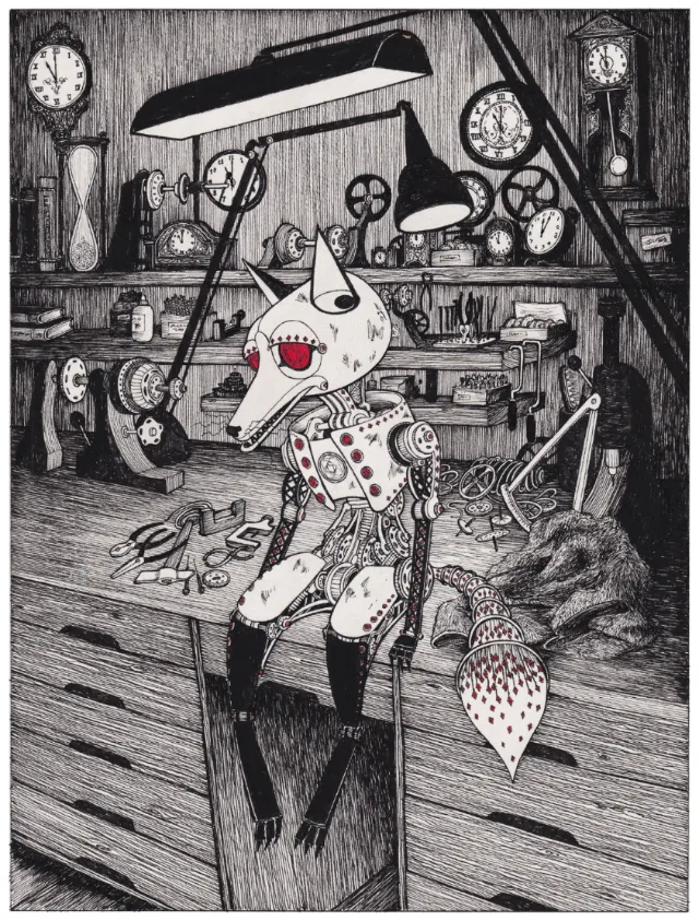 Mechanical fox figure in workshop with clocks and tools by Rohan Eason