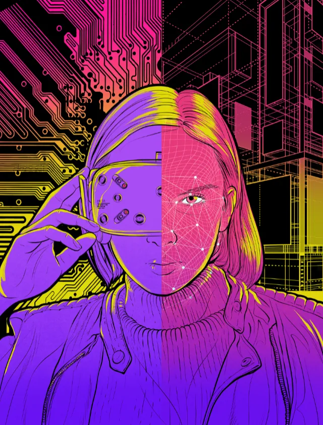 Person with half digital circuitry face and wireframe face by Davi Augusto
