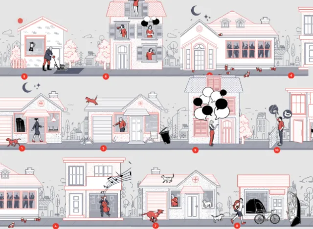 Detailed neighborhood scene with houses and people by Davi Augusto